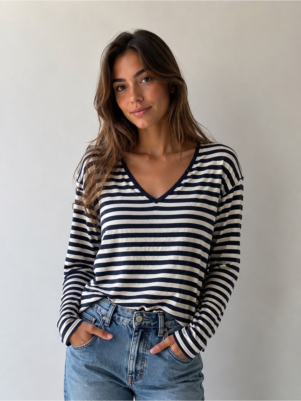 Madewell Striped V-Neck Long Sleeve Top - Navy & White